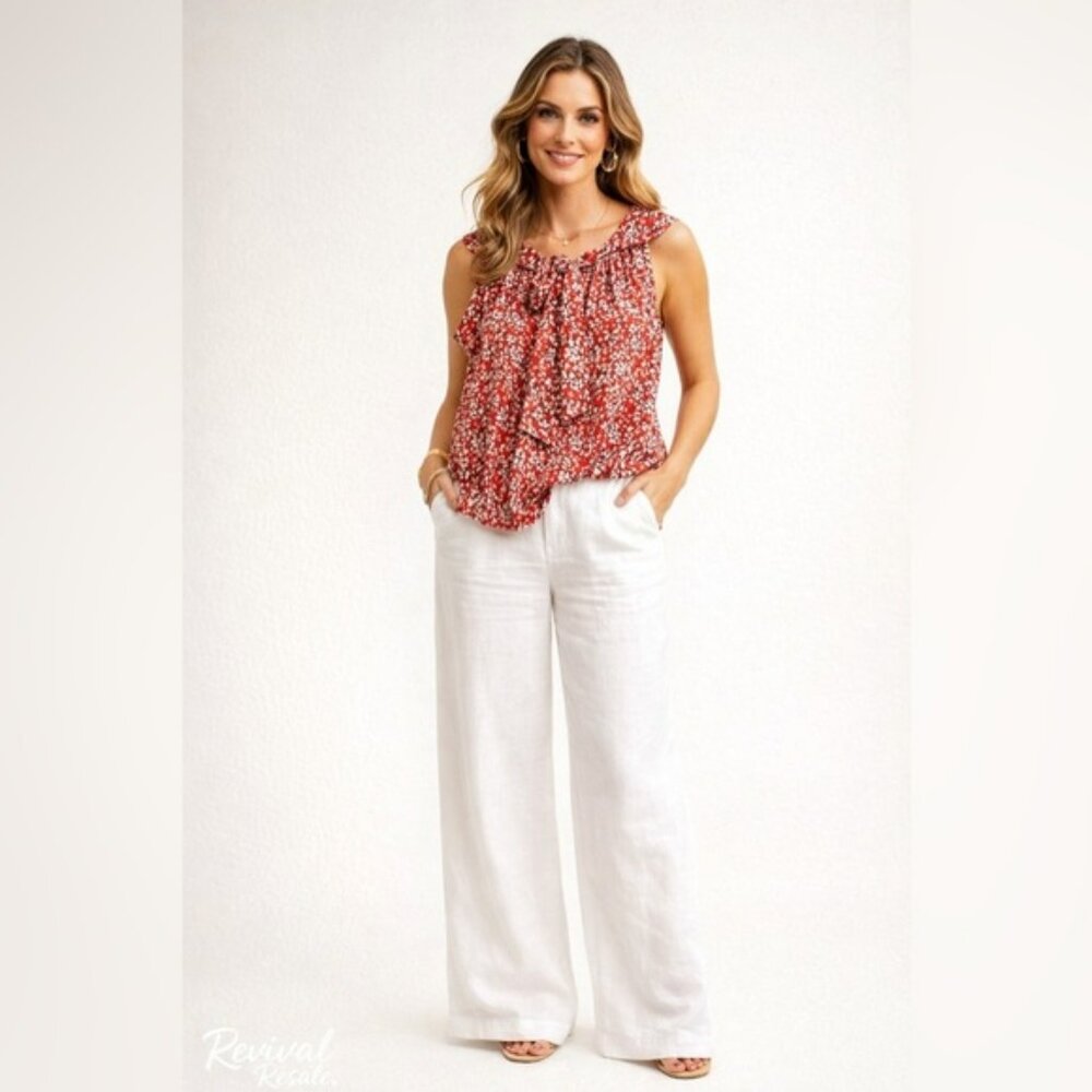 Red  Pattern Banana Republic Tie Neck Blouse Large Office Casual